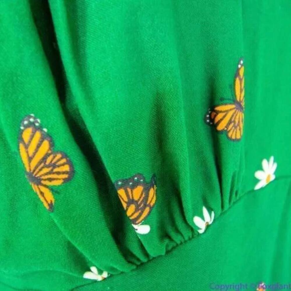 Unique Vintage X GB Butterfly And Daisy Flowers Green Dress, size L - Picture 10 of 16